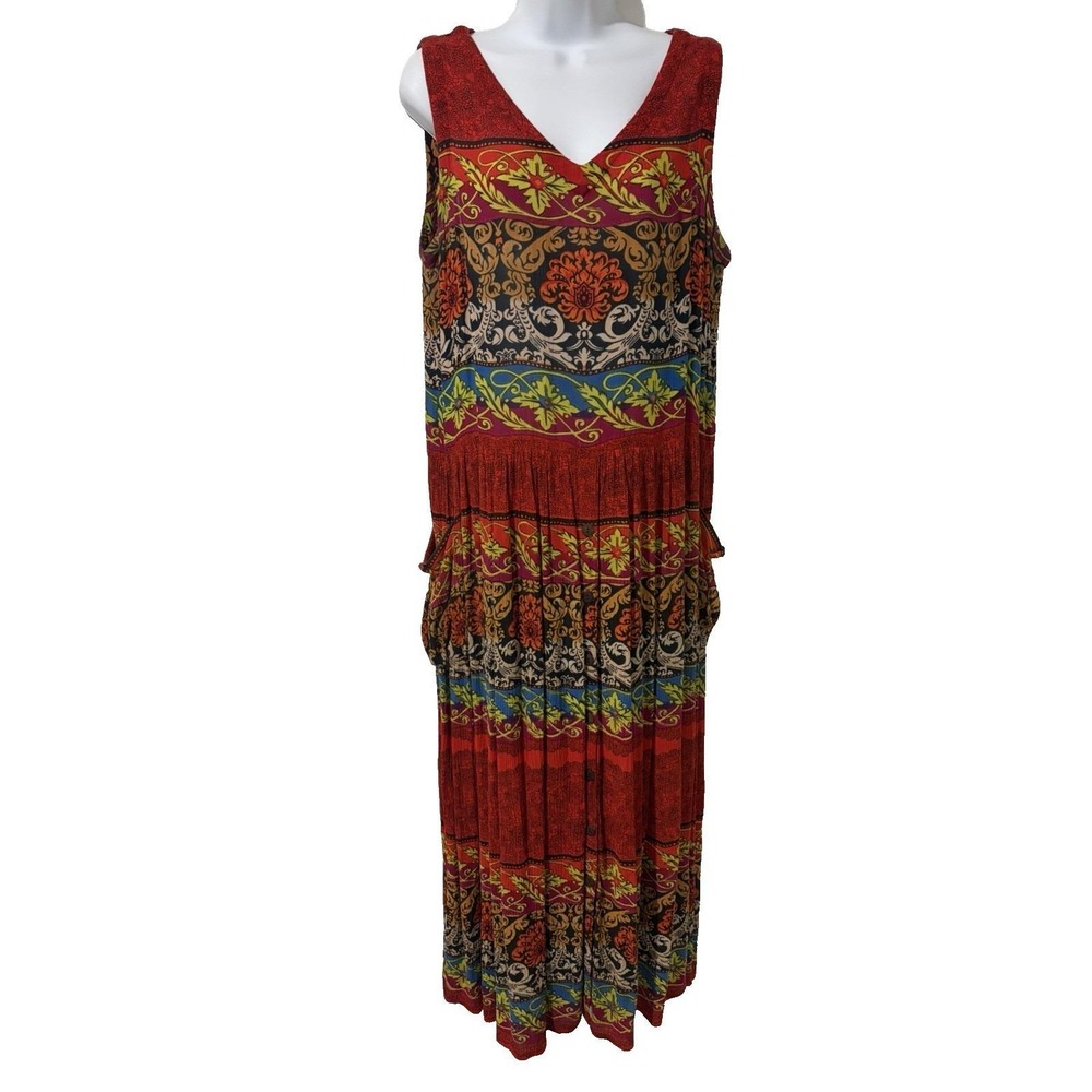 Vtg 90s BILA Maxi Dress~M~Red Medallion Print Pockets Sleeveless Boho Festival